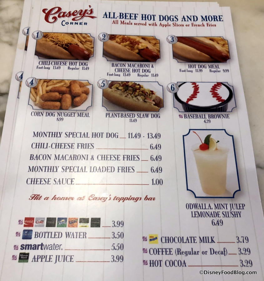 cardápio do Casey's Corner