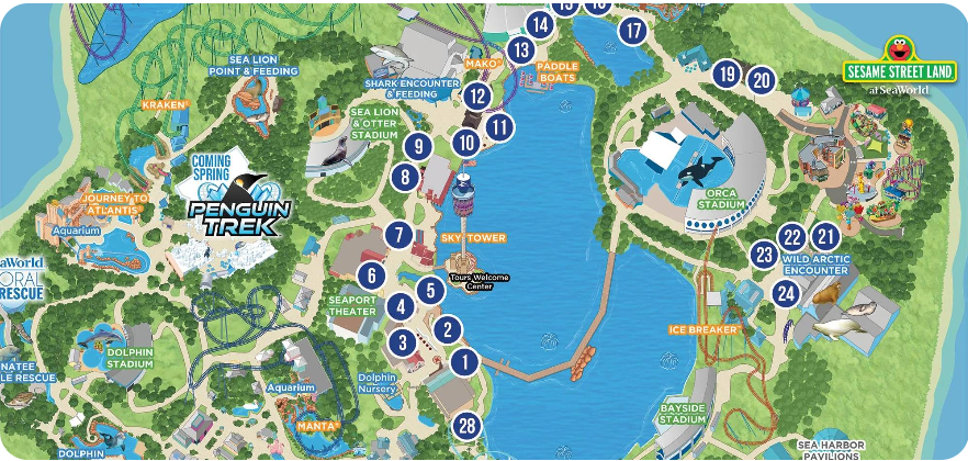 Mapa do SeaWorld com as tendas do Seven Seas Food Festival