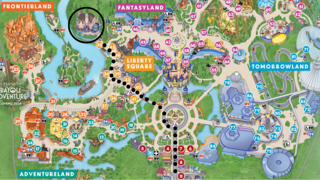 Mapa Magic Kingdom com destaque para a Hounted Mansion
